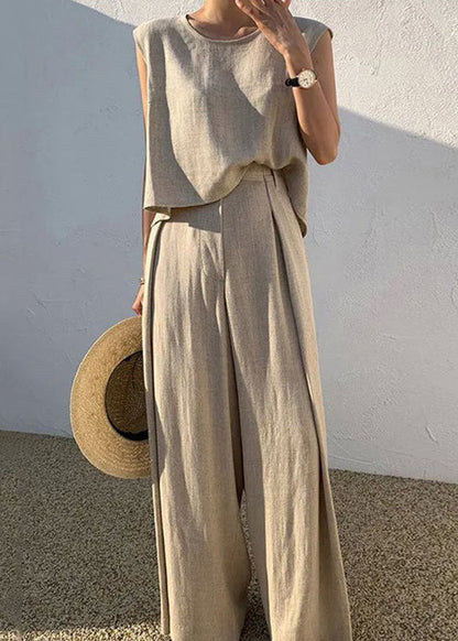 Boutique Khaki O-Neck T Shirt And Wide Leg Pants Two Pieces Set Sleeveless