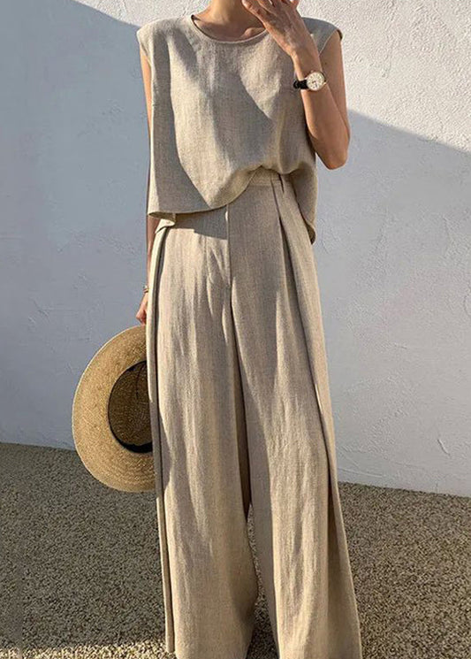 Boutique Khaki O-Neck T Shirt And Wide Leg Pants Two Pieces Set Sleeveless