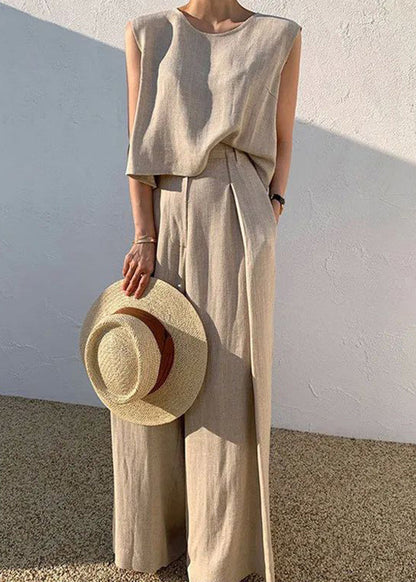 Boutique Khaki O-Neck T Shirt And Wide Leg Pants Two Pieces Set Sleeveless