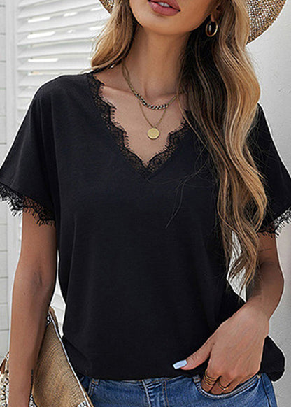 Shirt Lace T Brief Patchwork Sleeve Neck V Solid Short White