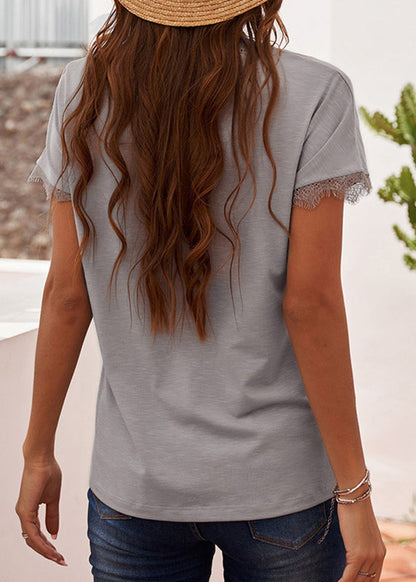 Shirt Lace T Brief Patchwork Sleeve Neck V Solid Short White