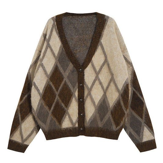 Cardigan duveteux à motif argyle marron