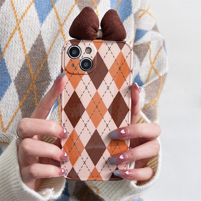 Coque iPhone à motif argyle et nœud marron