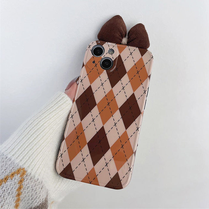 Coque iPhone à motif argyle et nœud marron