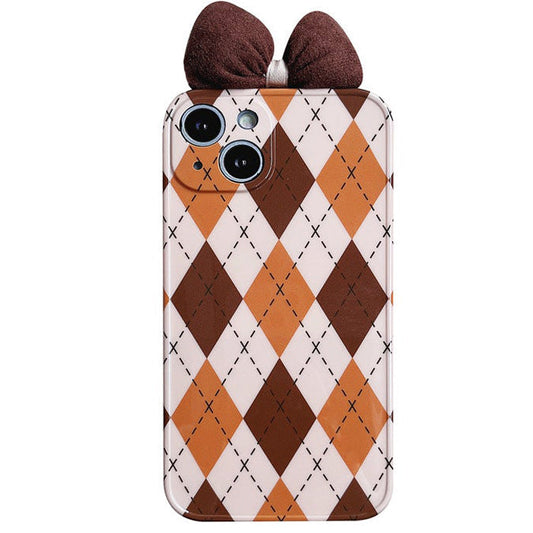 Coque iPhone à motif argyle et nœud marron