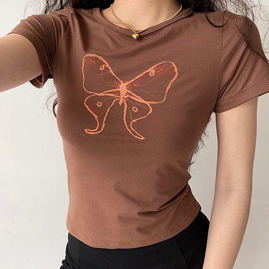 Haut esthétique à motif papillon marron