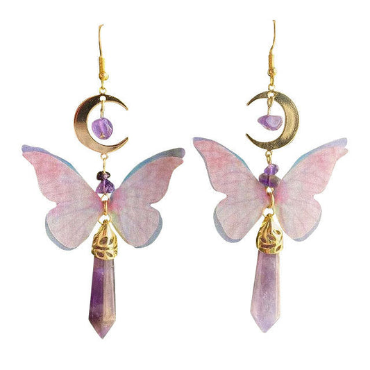 Boucles d'oreilles en cristal avec papillon et lune