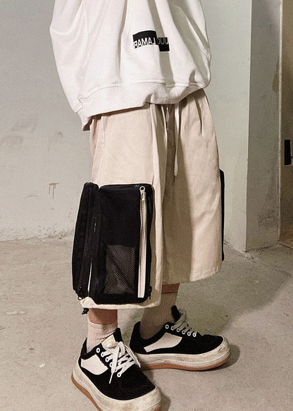 Casual Beige Zip Up Pockets Oversized Cotton Men Shorts Summer