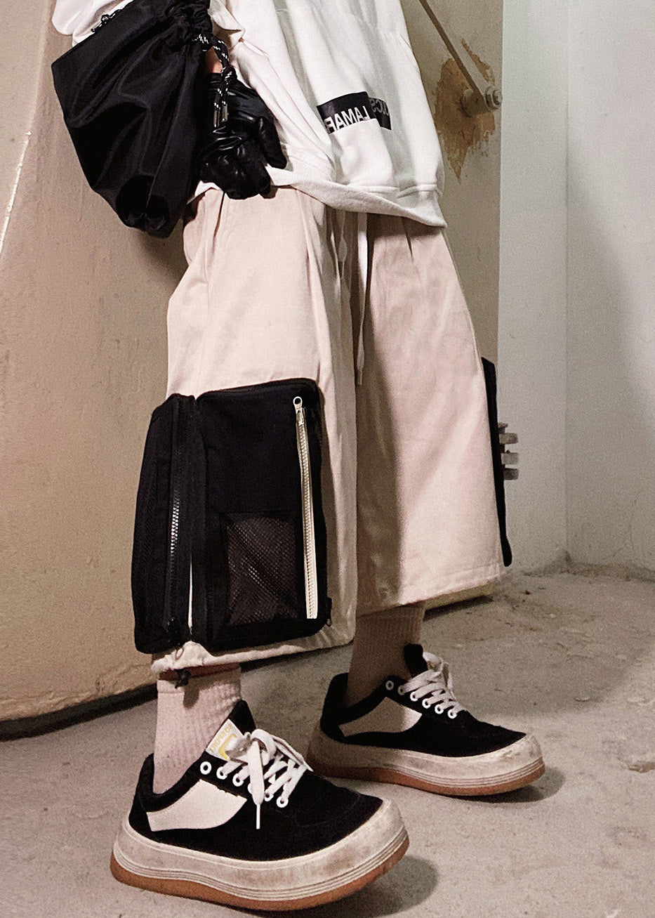 Casual Beige Zip Up Pockets Oversized Cotton Men Shorts Summer