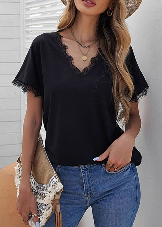 Shirt Patchwork Black Solid Casual Sleeve T Short Lace