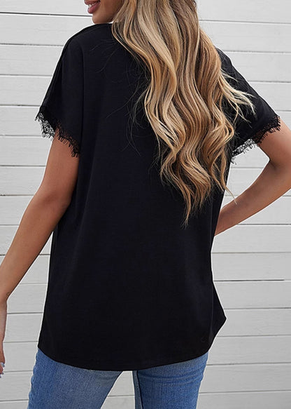 Shirt Patchwork Black Solid Casual Sleeve T Short Lace