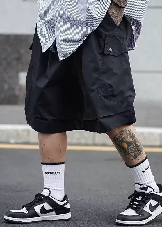 Casual Black Pockets Elastic Waist Solid Cotton Men Shorts Summer