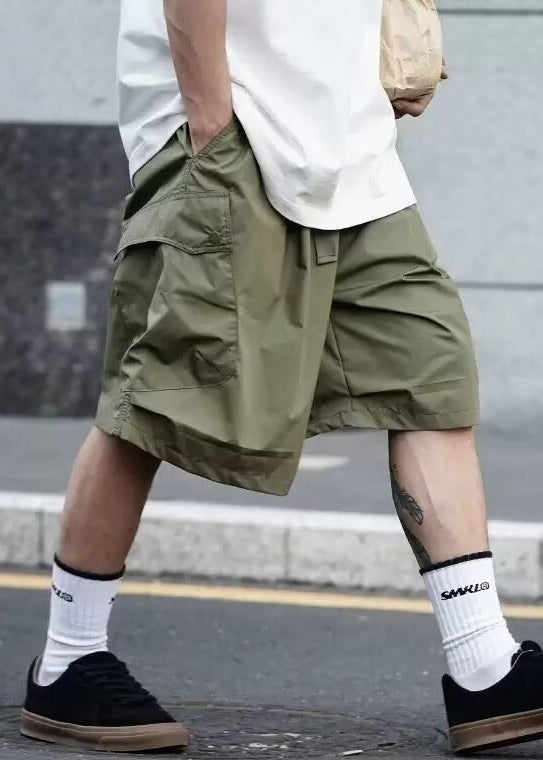 Casual Black Pockets Elastic Waist Solid Cotton Men Shorts Summer