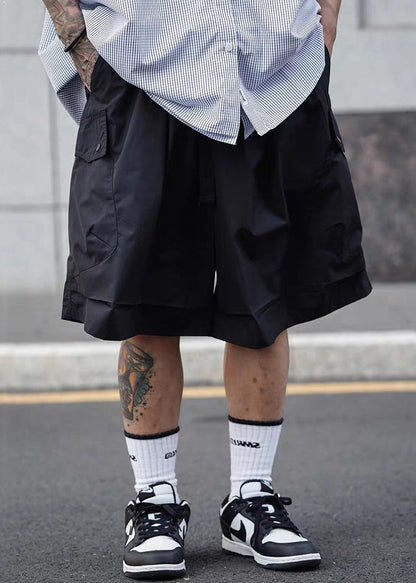 Casual Black Pockets Elastic Waist Solid Cotton Men Shorts Summer