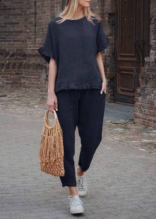 Casual Black Ruffled Patchwork Solid Top And Crop Pants Two Pieces Set Short Sleeve