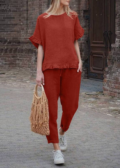 Casual Black Ruffled Patchwork Solid Top And Crop Pants Two Pieces Set Short Sleeve