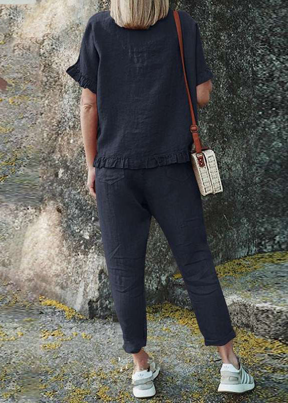 Casual Black Ruffled Patchwork Solid Top And Crop Pants Two Pieces Set Short Sleeve