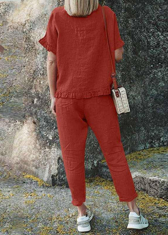 Casual Black Ruffled Patchwork Solid Top And Crop Pants Two Pieces Set Short Sleeve