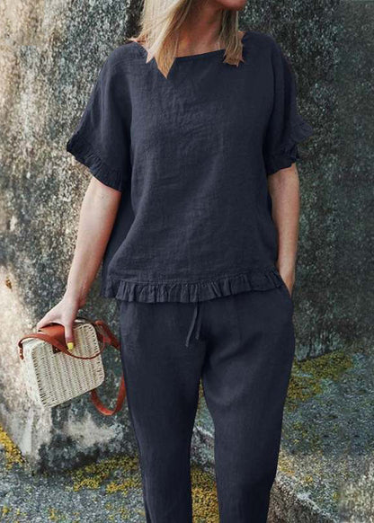 Casual Black Ruffled Patchwork Solid Top And Crop Pants Two Pieces Set Short Sleeve