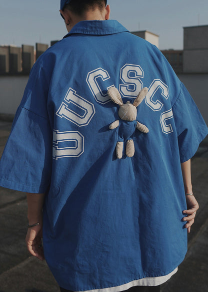 Casual Blue Letter Oversized Patchwork Cotton T Shirts Men Half Sleeve
