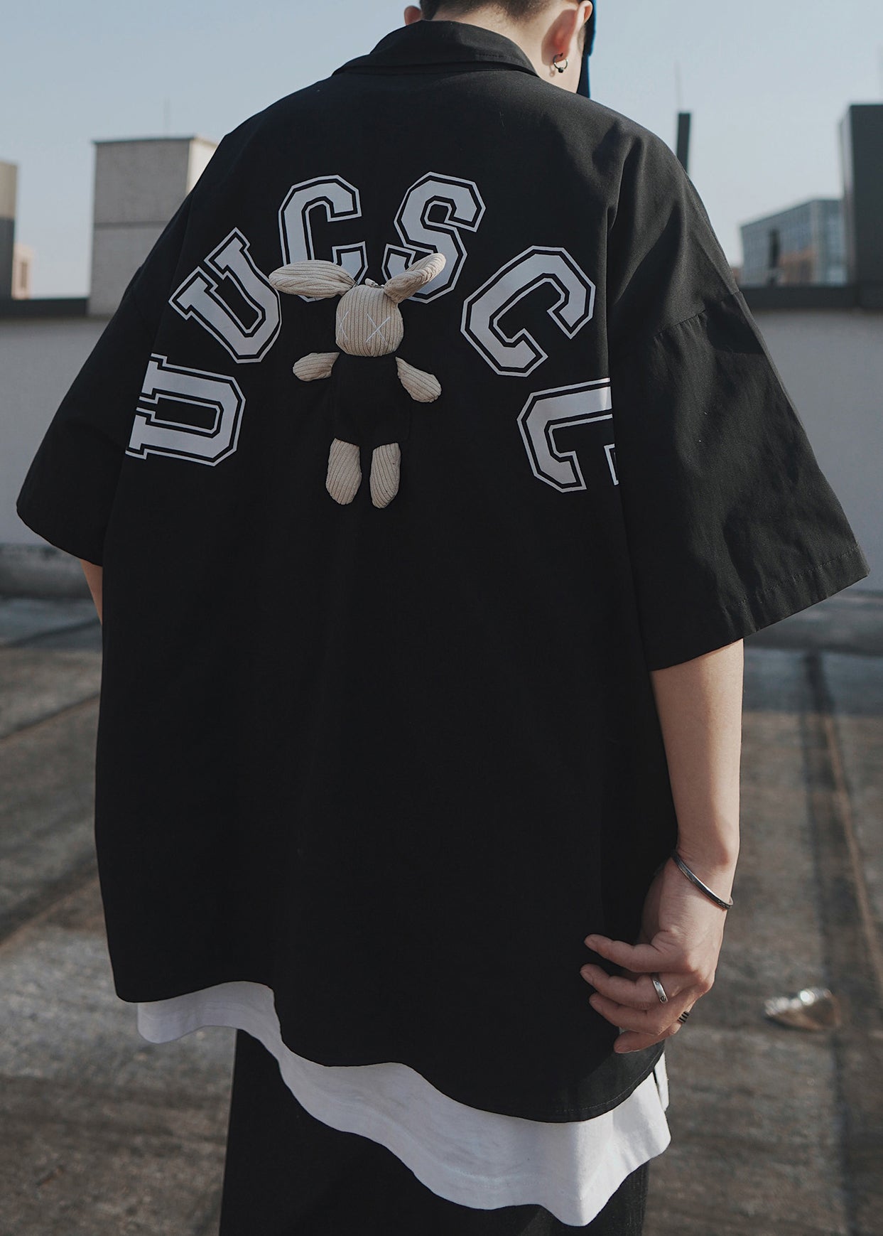 Casual Blue Letter Oversized Patchwork Cotton T Shirts Men Half Sleeve