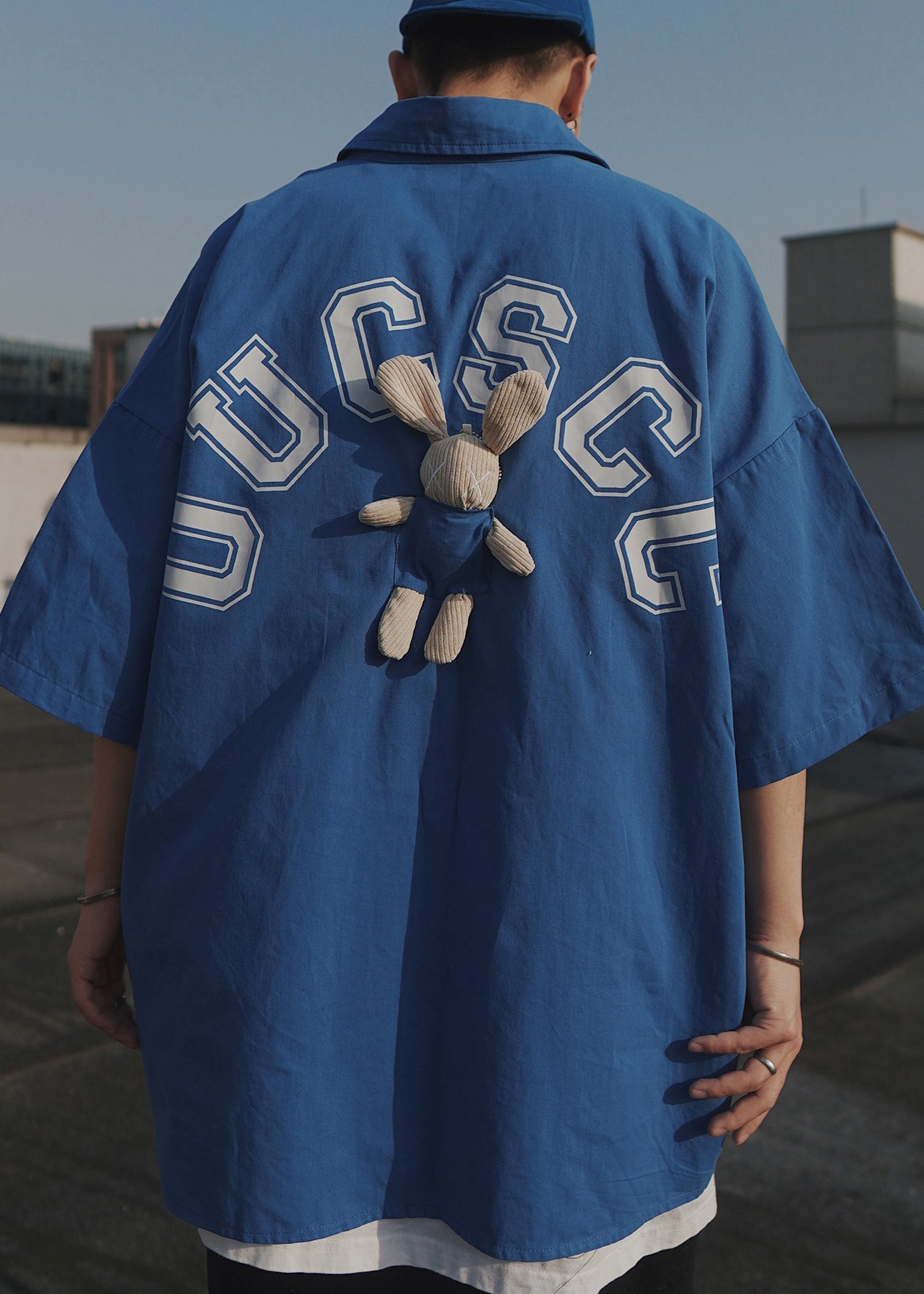 Casual Blue Letter Oversized Patchwork Cotton T Shirts Men Half Sleeve