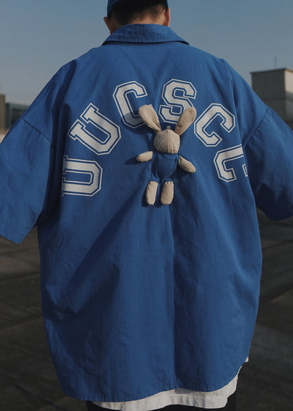 Casual Blue Letter Oversized Patchwork Cotton T Shirts Men Half Sleeve