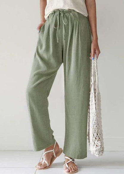 Casual Blue Pockets Lace Up Cotton Pants Summer