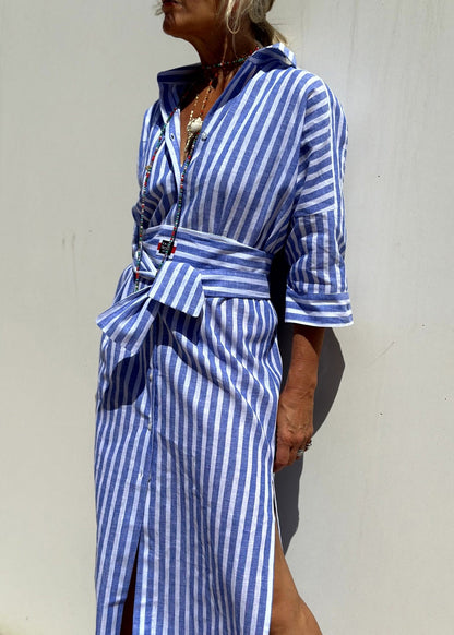 Sleeve Open Side Bracelet Striped Patchwork Shirts Blue Dress Casual Long