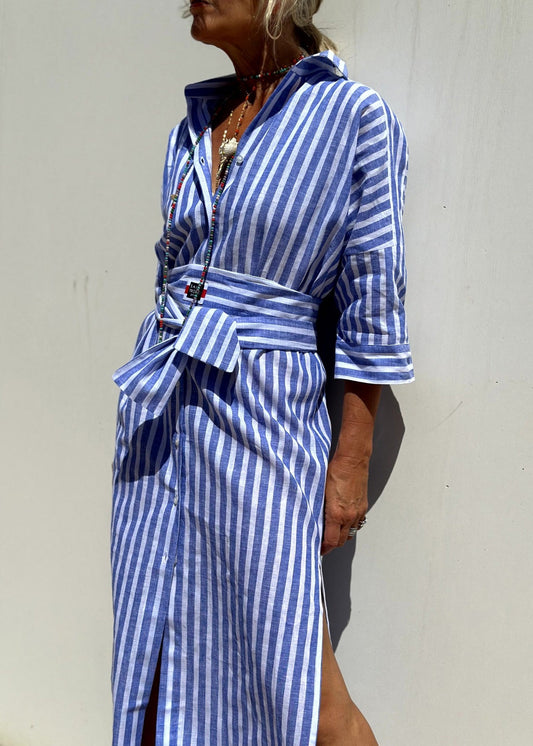 Sleeve Open Side Bracelet Striped Patchwork Shirts Blue Dress Casual Long