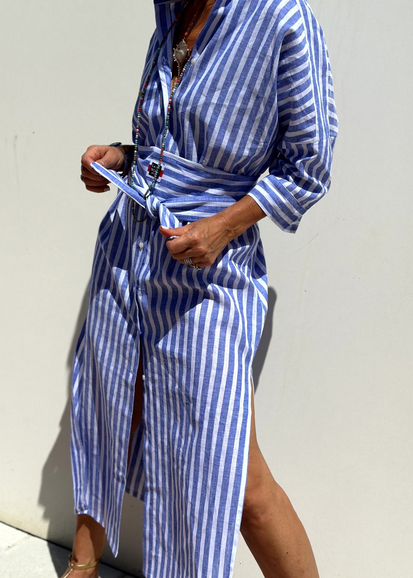 Sleeve Open Side Bracelet Striped Patchwork Shirts Blue Dress Casual Long