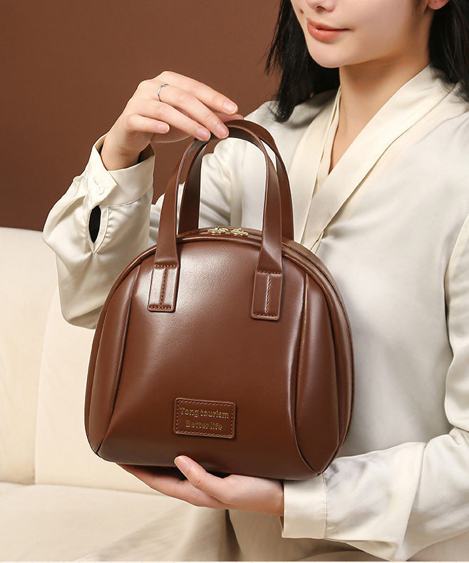 Brown Solid Tote Faux Handbag Durable Casual Leather