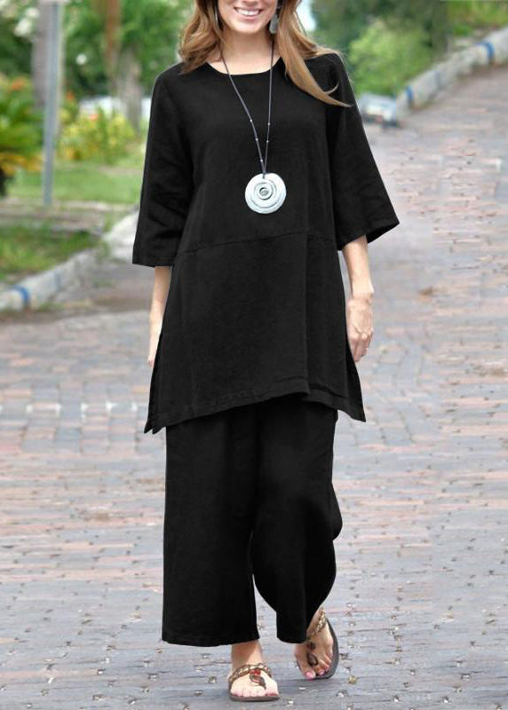 Casual Caramel O-Neck Side Open Top And Crop Pants Two Pieces Set Bracelet Sleeve