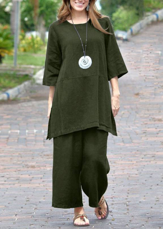 Casual Caramel O-Neck Side Open Top And Crop Pants Two Pieces Set Bracelet Sleeve