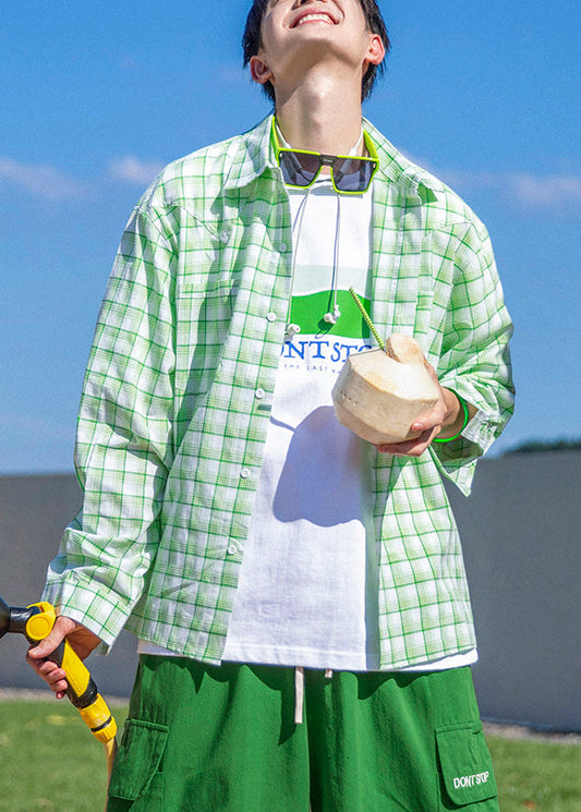 Casual Green Plaid Button Oversized Cotton Men Shirts Spring