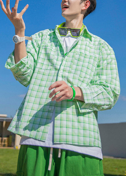 Casual Green Plaid Button Oversized Cotton Men Shirts Spring