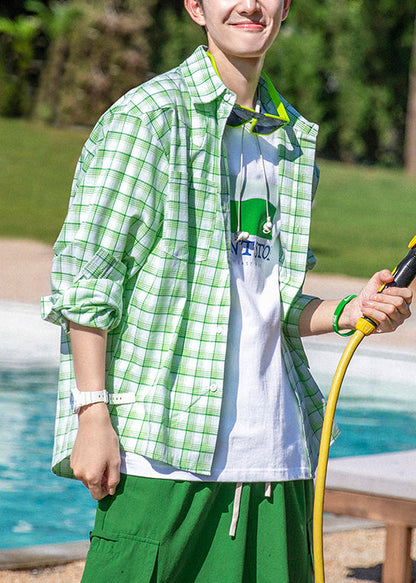 Casual Green Plaid Button Oversized Cotton Men Shirts Spring