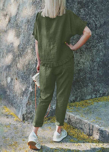 Casual Khaki Ruffled Patchwork Top And Crop Pants Two Pieces Set Short Sleeve