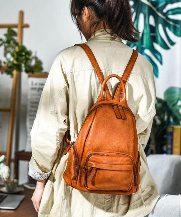 Capacity Tote Orange Large Casual Backpack Handbag Leather