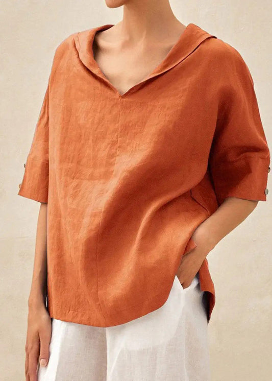 Casual Orange O-Neck Side Open Shirts Short Sleeve