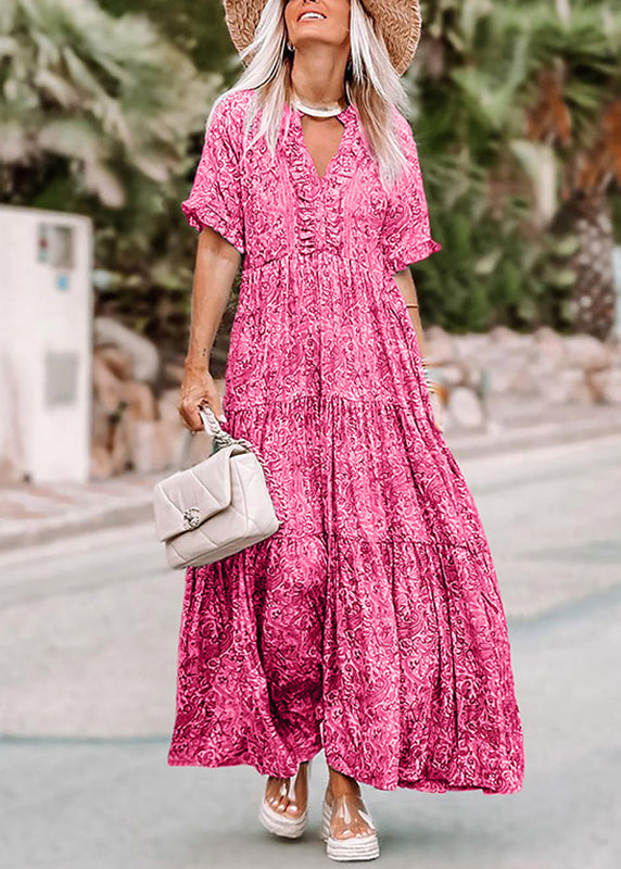 Dresses Pink Summer Long Casual Neck Print V