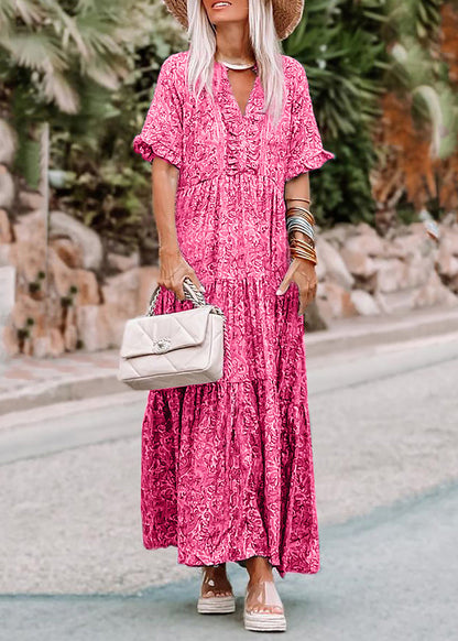 Dresses Pink Summer Long Casual Neck Print V