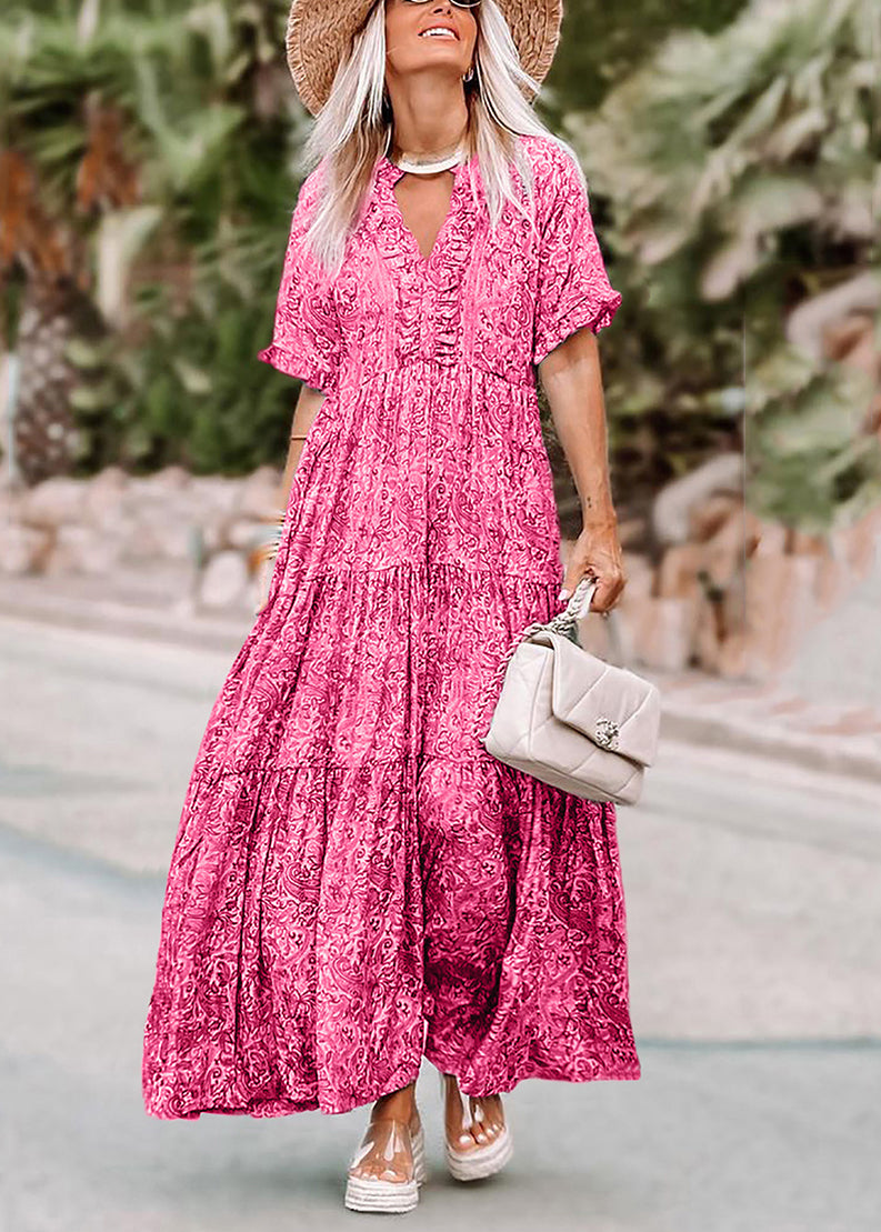 Dresses Pink Summer Long Casual Neck Print V