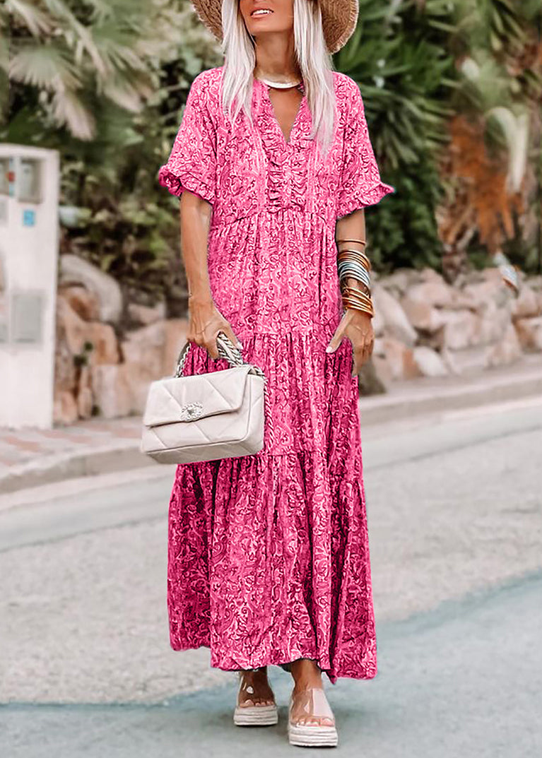 Dresses Pink Summer Long Casual Neck Print V
