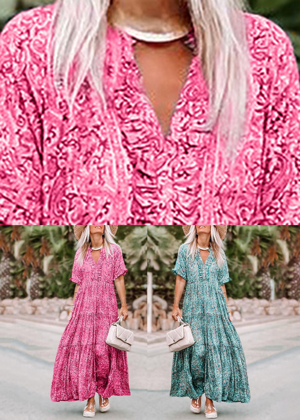 Dresses Pink Summer Long Casual Neck Print V