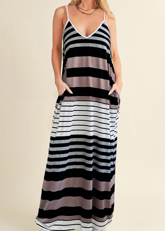 Summer Spaghetti V Casual Dress Neck Maxi Striped Strap Pockets