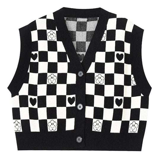 Gilet court à damier noir avec mini cœur