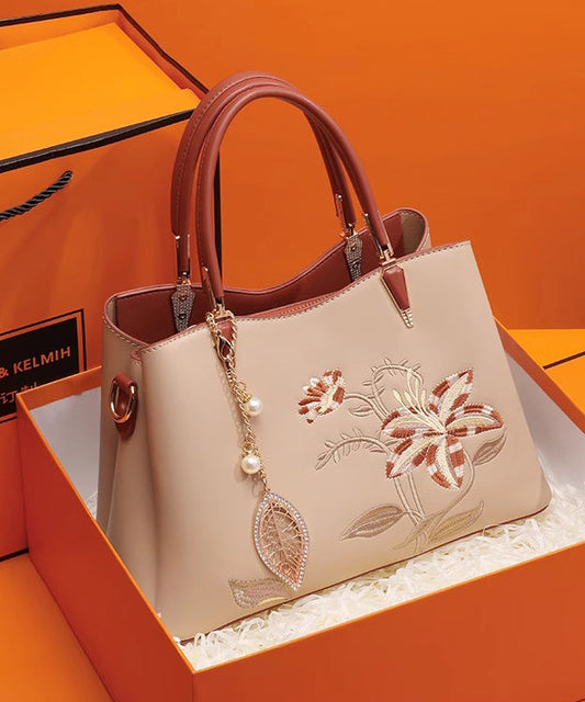 Embroidery Tote Calf Leather Apricot Bag Chic