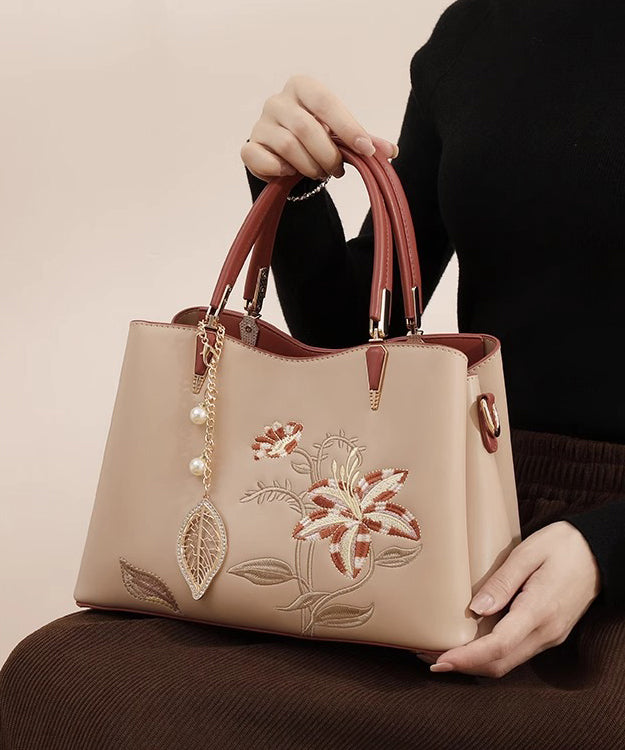 Embroidery Tote Calf Leather Apricot Bag Chic