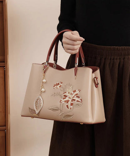 Embroidery Tote Calf Leather Apricot Bag Chic